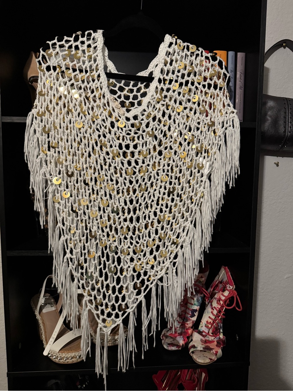 White Crochet Fringe Poncho with Gold Sequin Details